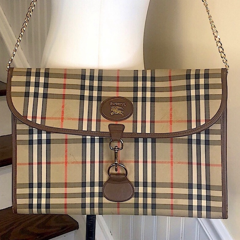 BURBERRYS Nova Check Haystack Plaid Oversized Clutch Portfolio w Chain Vintage